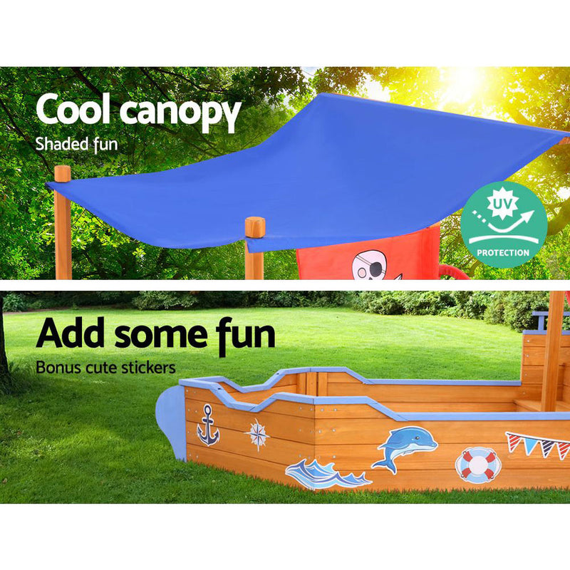 Wooden Boat Sand Pit with Canopy and Bench Seats (1.65m)