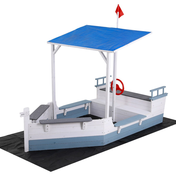 Kids Wooden Boat Sandpit Play Set with Canopy and Captain's Wheel