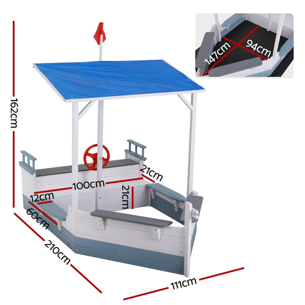 Kids Wooden Boat Sandpit Play Set with Canopy and Captain's Wheel