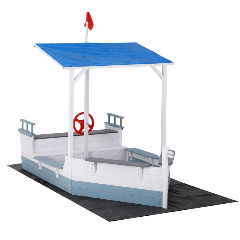 Kids Wooden Boat Sandpit Play Set with Canopy and Captain's Wheel