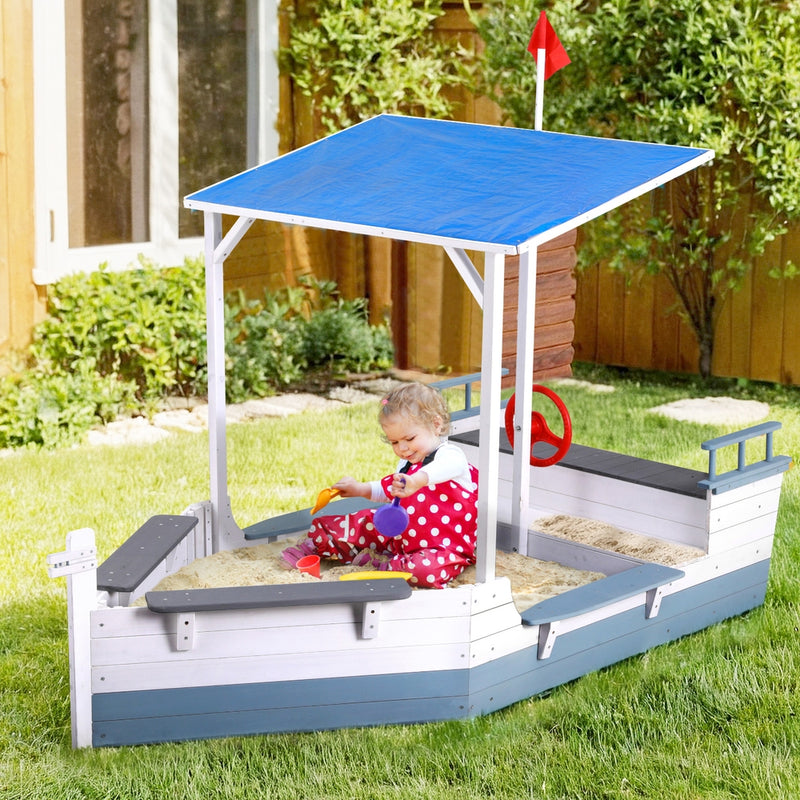 Kids Wooden Boat Sandpit Play Set with Canopy and Captain's Wheel