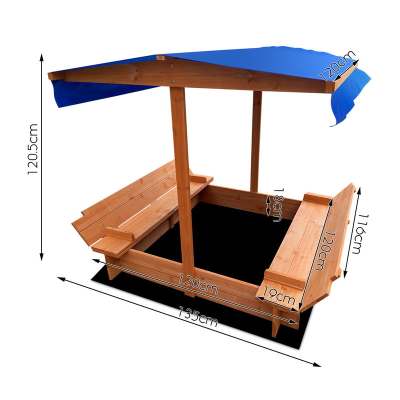 Wooden Sandbox Sand Pit with Canopy and Foldable Seats (1.2m)