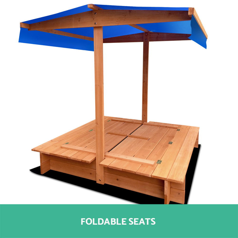 Wooden Sandbox Sand Pit with Canopy and Foldable Seats (1.2m)
