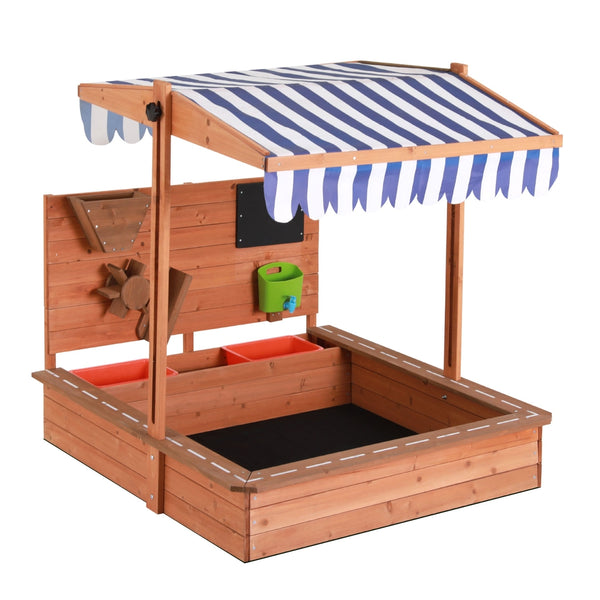 Kids Sandpit Wooden Sand Pit with Canopy, Timber Play Wall, and Timber Cover (1.1m)