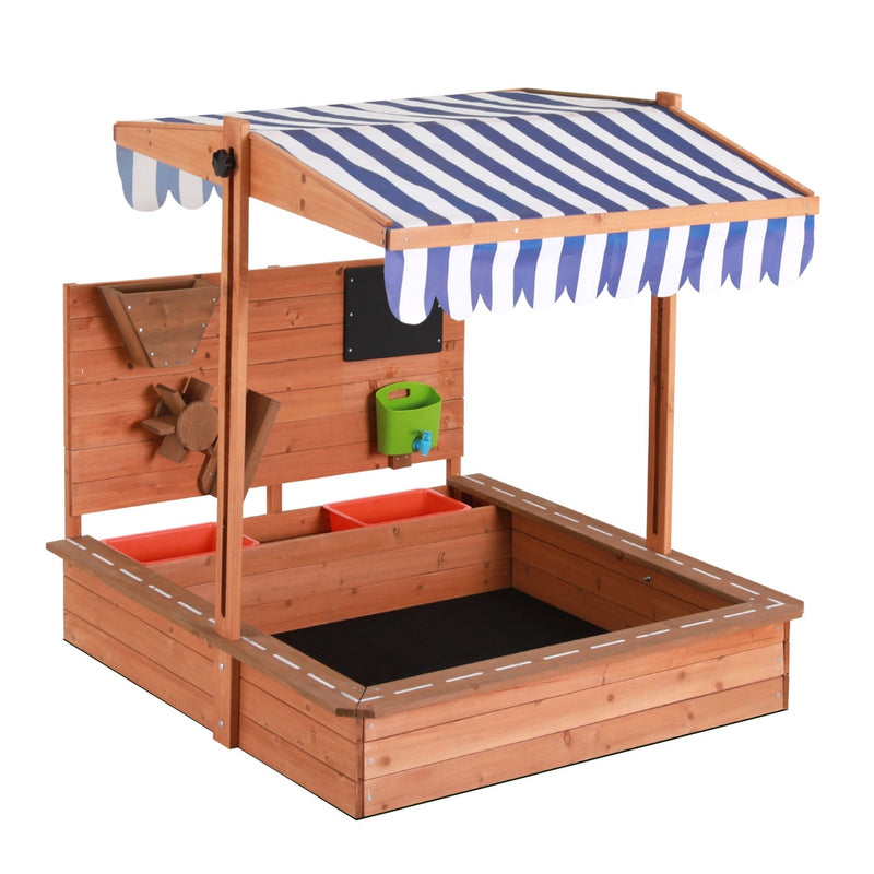 Kids Sandpit Wooden Sand Pit with Canopy, Timber Play Wall, and Timber Cover (1.1m)