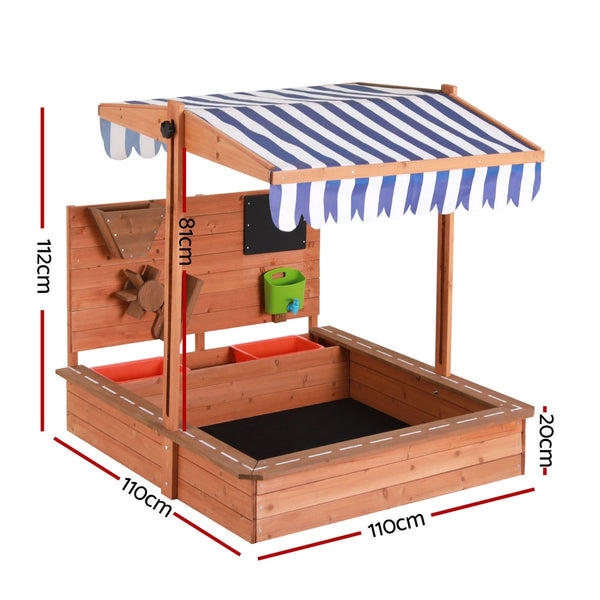 Kids Sandpit Wooden Sand Pit with Canopy, Timber Play Wall, and Timber Cover (1.1m)