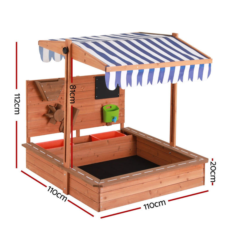 Kids Sandpit Wooden Sand Pit with Canopy, Timber Play Wall, and Timber Cover (1.1m)