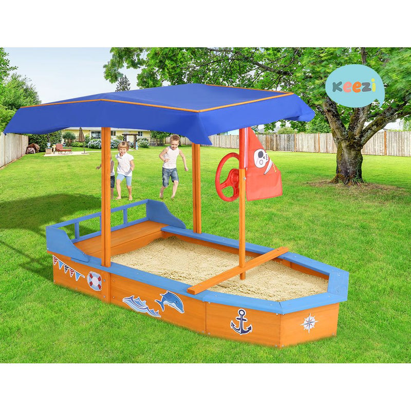 Wooden Boat Sand Pit with Canopy and Bench Seats (1.5m)