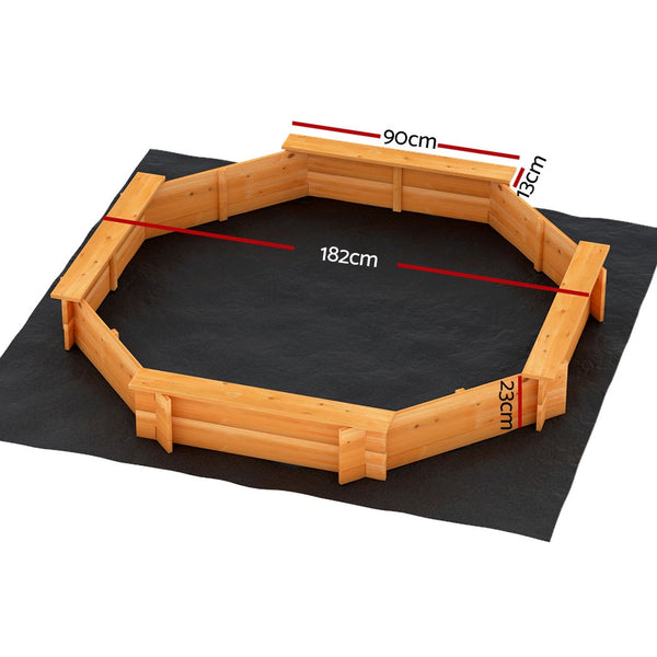 Kids Wooden Octagon Sand Pit with Cover and Bench Seats (1.82m)