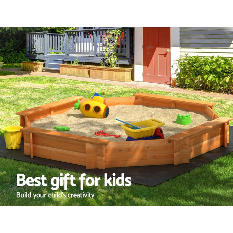 Kids Wooden Octagon Sand Pit with Cover and Bench Seats (1.82m)