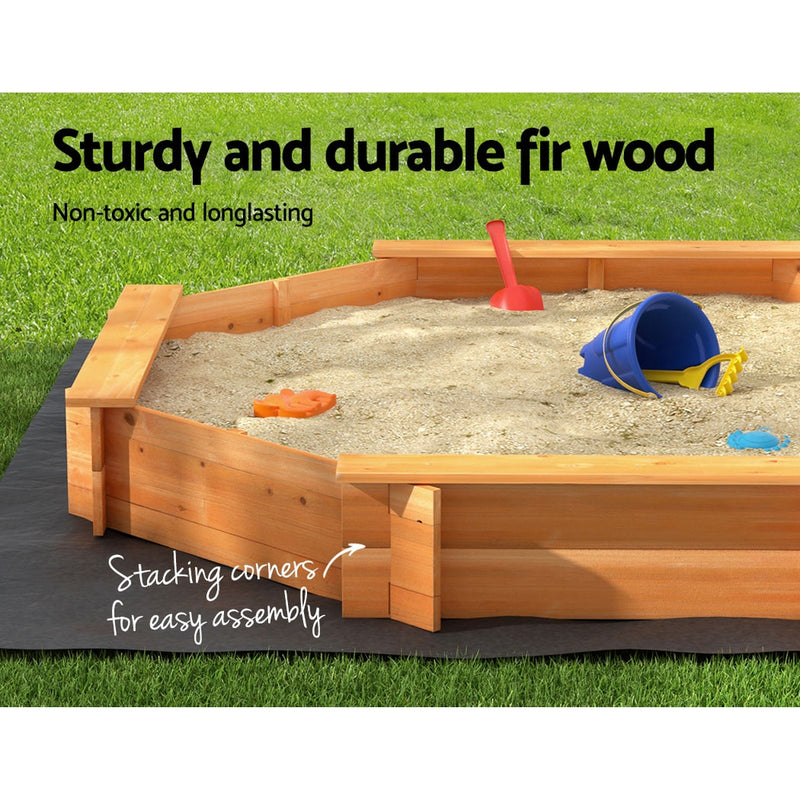 Kids Wooden Octagon Sand Pit with Cover and Bench Seats (1.82m)