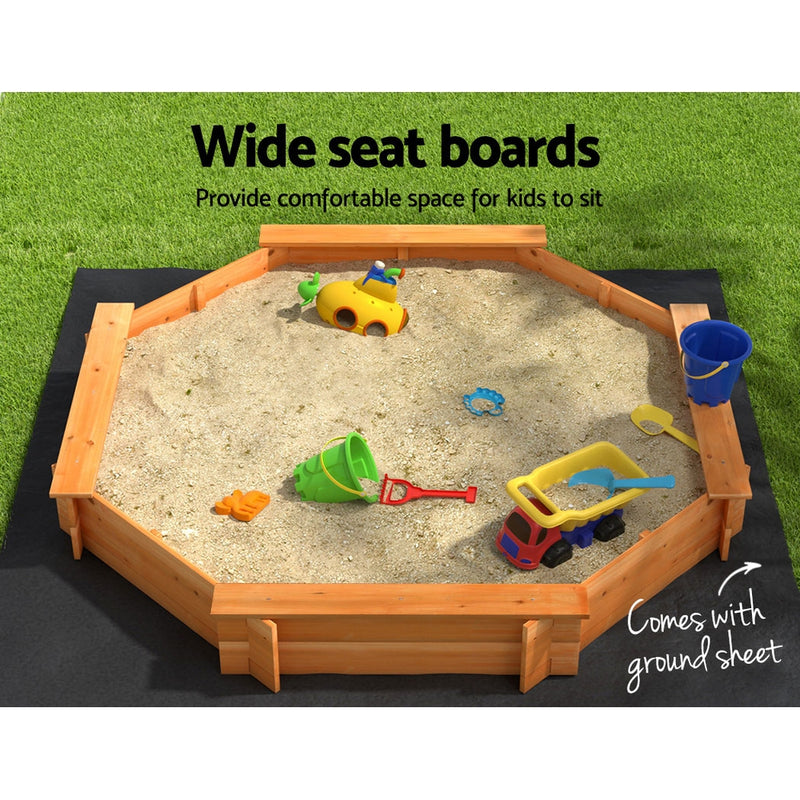 Kids Wooden Octagon Sand Pit with Cover and Bench Seats (1.82m)