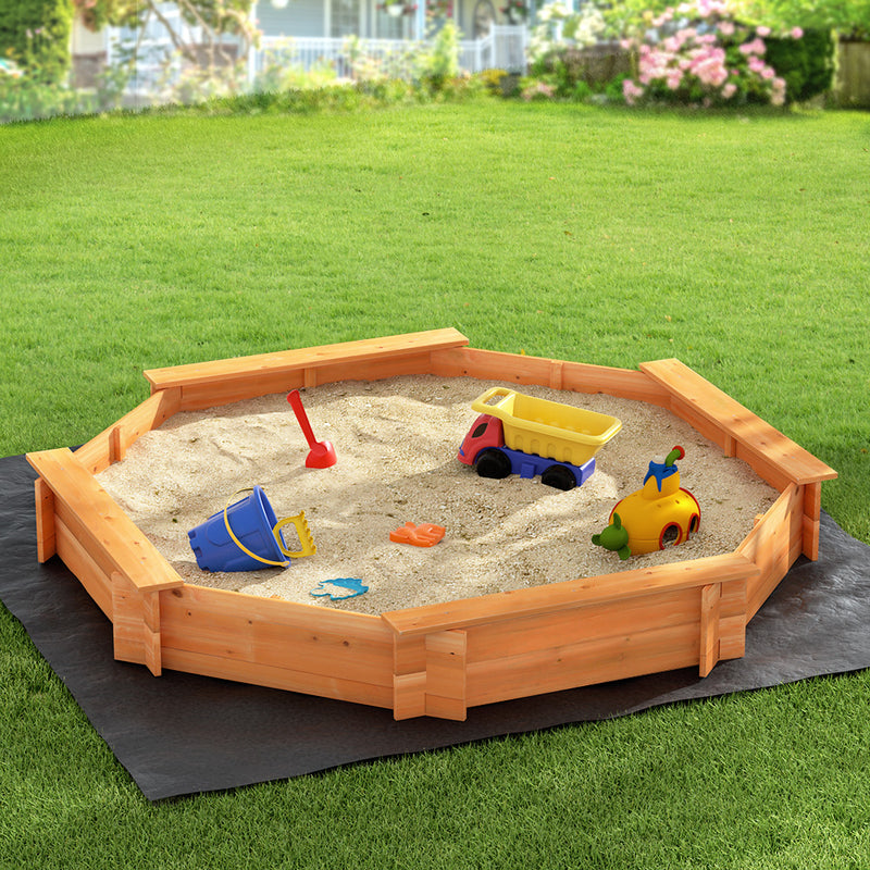 Kids Wooden Octagon Sand Pit with Cover and Bench Seats (1.82m)