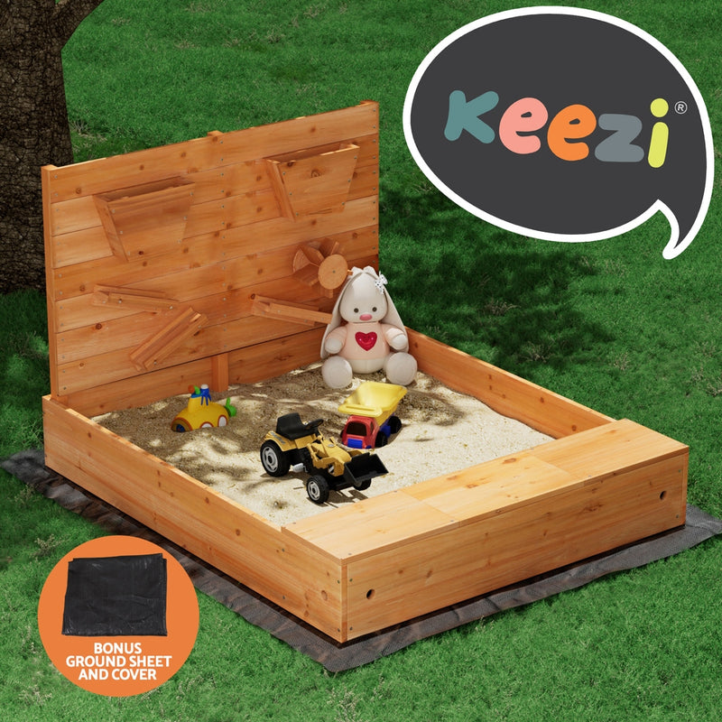 Kids Wooden Sandbox Sand Pit with Timber Play Wall and Cover (1.2m)