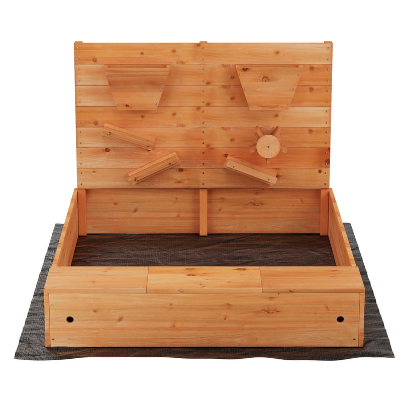 Kids Wooden Sandbox Sand Pit with Timber Play Wall and Cover (1.2m)