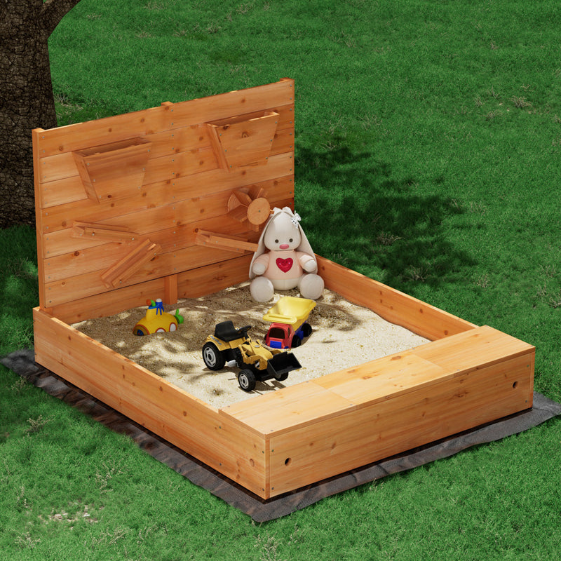 Kids Wooden Sandbox Sand Pit with Timber Play Wall and Cover (1.2m)