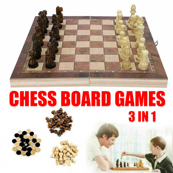 3-in-1 Folding Wooden Chess Set - Chess, Draughts & Backgammon