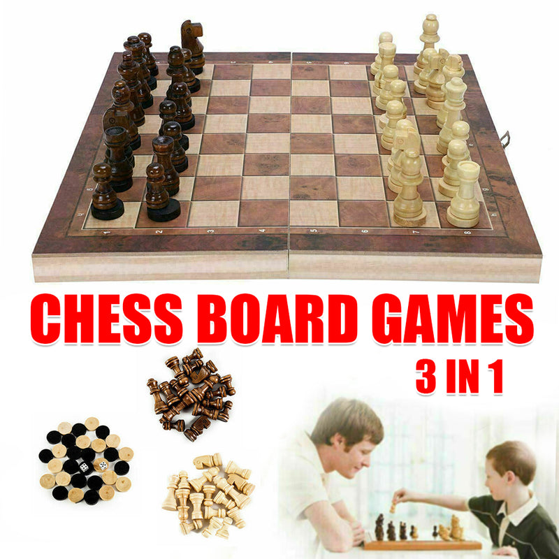 3-in-1 Folding Wooden Chess Set - Chess, Draughts & Backgammon