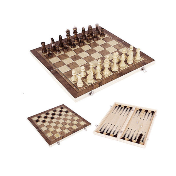3-in-1 Folding Wooden Chess Set - Chess, Draughts & Backgammon