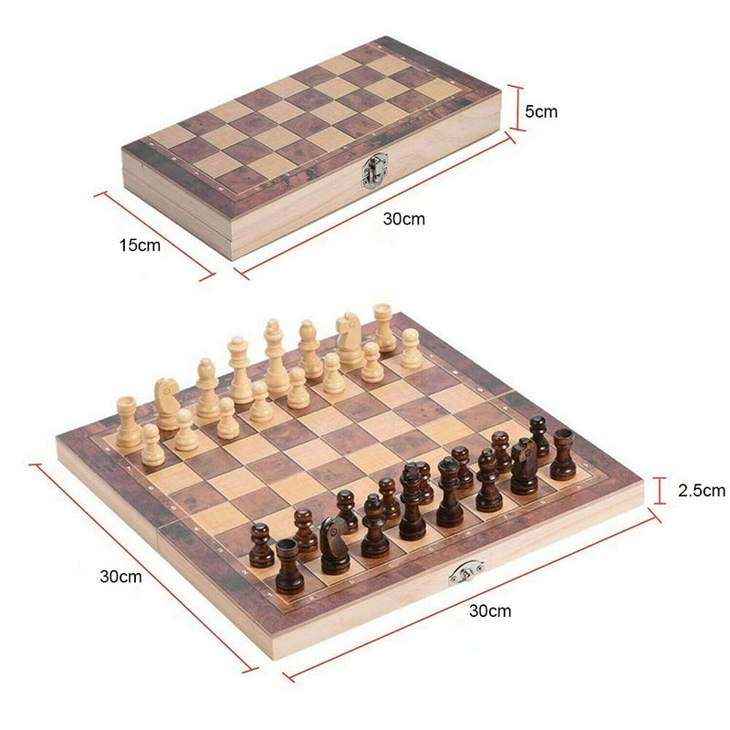 3-in-1 Folding Wooden Chess Set - Chess, Draughts & Backgammon
