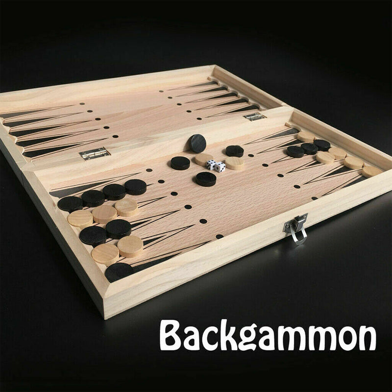 3-in-1 Folding Wooden Chess Set - Chess, Draughts & Backgammon