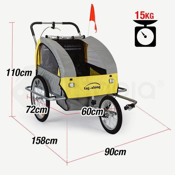 Kids Tag-Along Jogger Pram/Stroller and Bicycle Trailer - Yellow