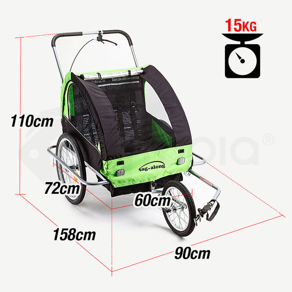Kids Tag-Along Jogger Pram/Stroller and Bicycle Trailer - Green