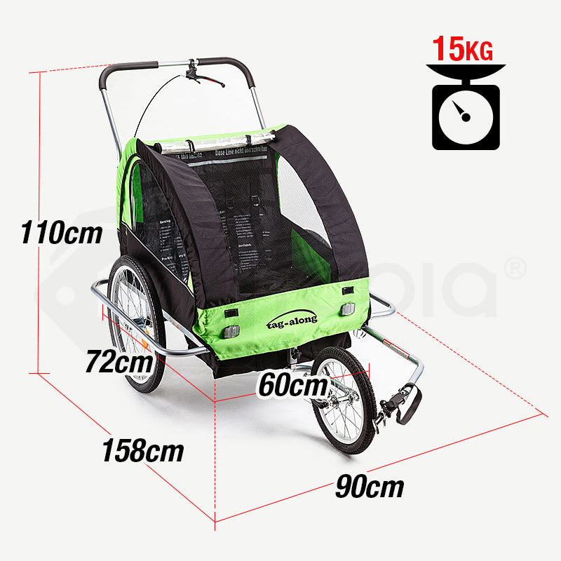 Kids Tag-Along Jogger Pram/Stroller and Bicycle Trailer - Green