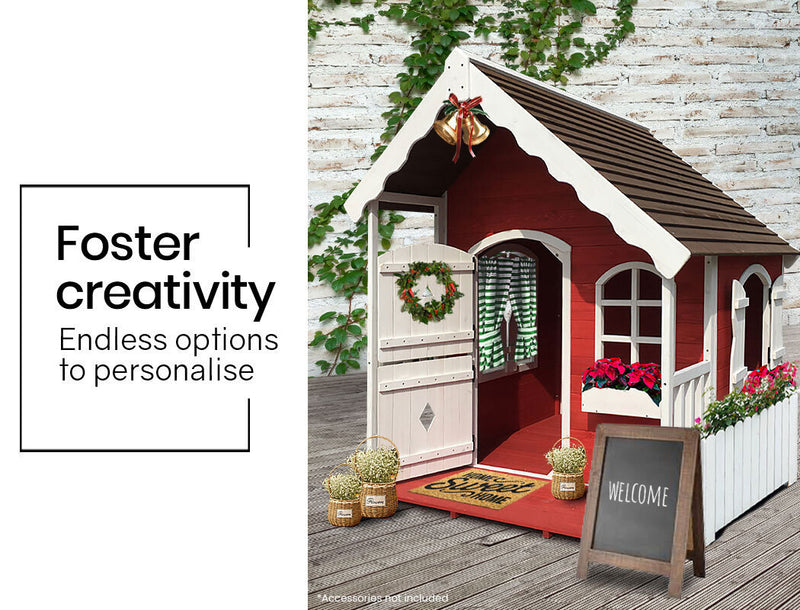 Kids Cottage Style Wooden Outdoor Cubby Playhouse (Red/White)