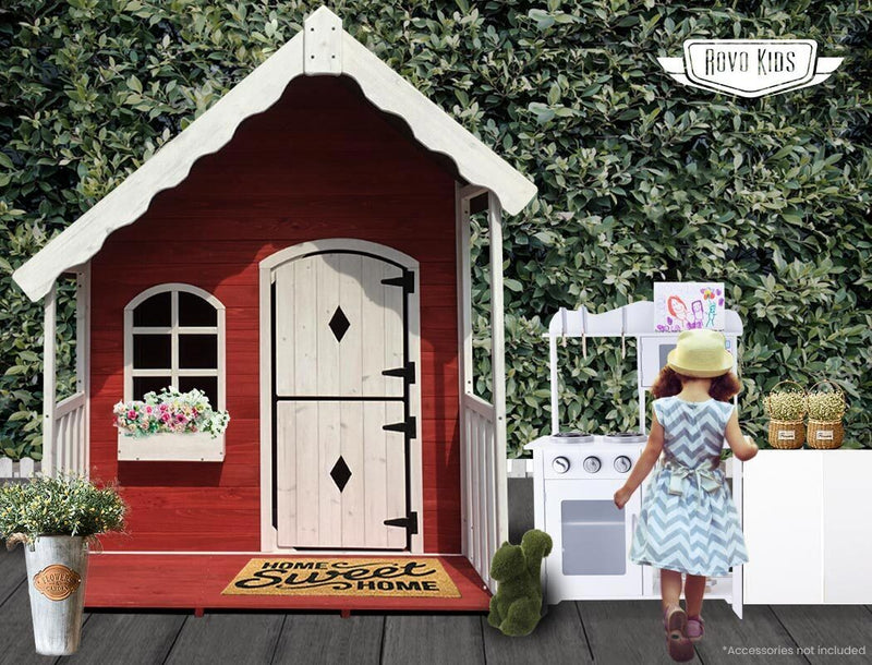 Kids Cottage Style Wooden Outdoor Cubby Playhouse (Red/White)