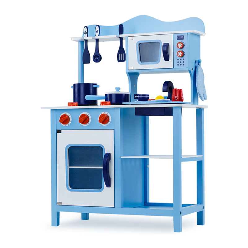 Kids Wooden Kitchen Play Set with Microwave, Stovetop & Oven (Blue)