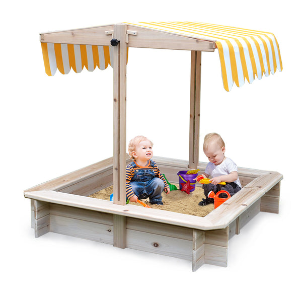 Wooden Outdoor Sand Pit with Adjustable Canopy and Bench Seats