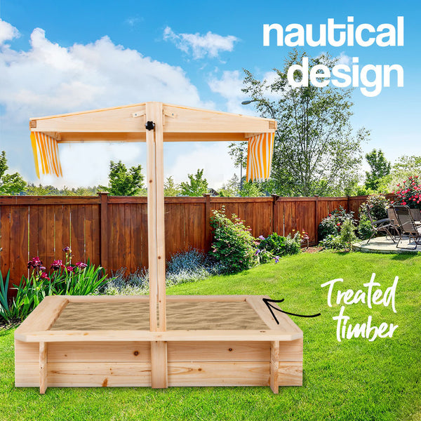 Wooden Outdoor Sand Pit with Adjustable Canopy and Bench Seats