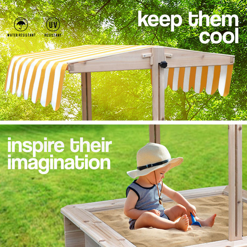 Wooden Outdoor Sand Pit with Adjustable Canopy and Bench Seats