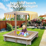 Wooden Outdoor Sand Pit with Adjustable Canopy and Bench Seats