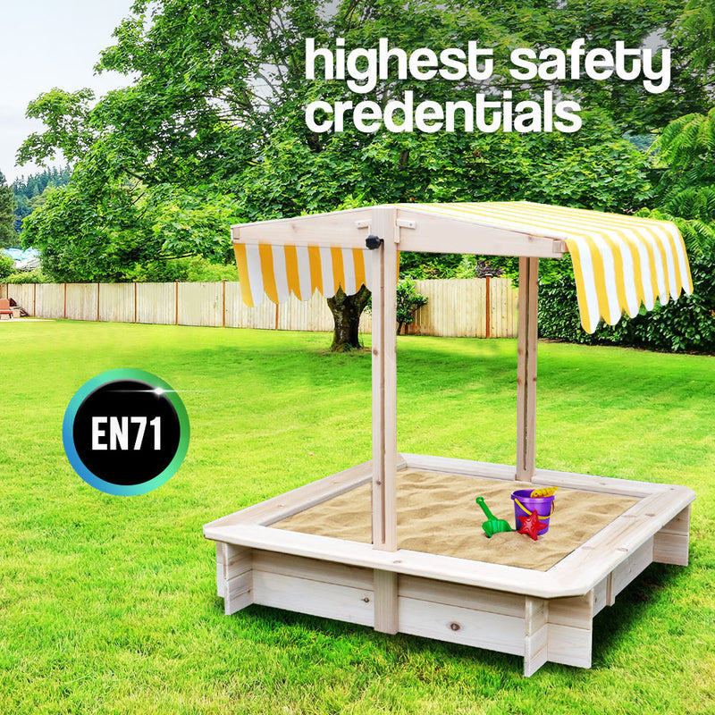 Wooden Outdoor Sand Pit with Adjustable Canopy and Bench Seats