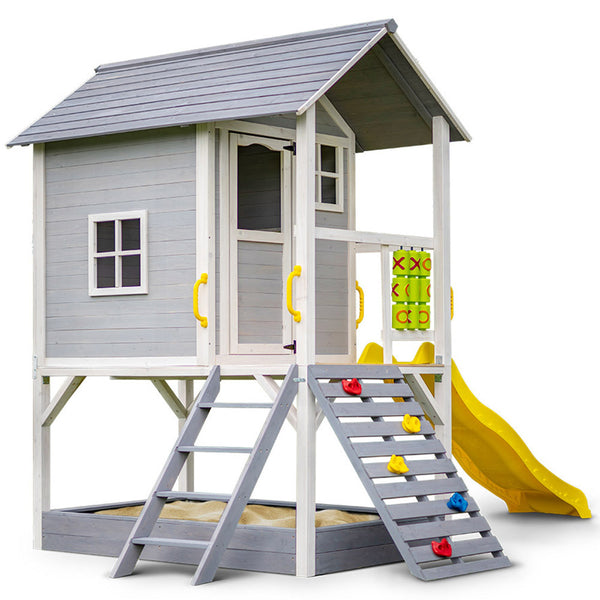 Kids Decorated Timber Cubby House Tower with Slide, Sandpit, Climbing Wall + Noughts & Crosses