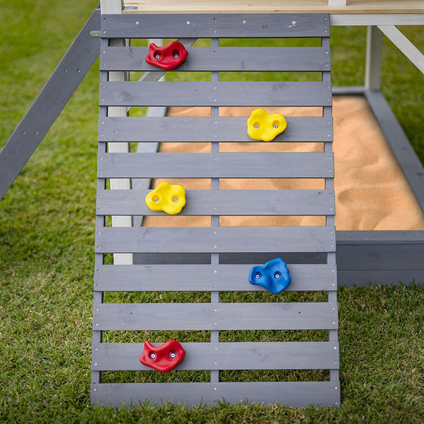 Kids Decorated Timber Cubby House Tower with Slide, Sandpit, Climbing Wall + Noughts & Crosses