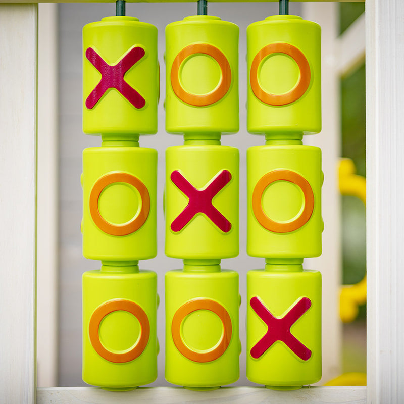 Kids Decorated Timber Cubby House Tower with Slide, Sandpit, Climbing Wall + Noughts & Crosses