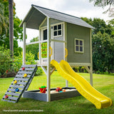 Kids Decorated Timber Cubby House Tower with Slide, Sandpit, Climbing Wall + Noughts & Crosses