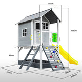 Kids Decorated Timber Cubby House Tower with Slide, Sandpit, Climbing Wall + Noughts & Crosses