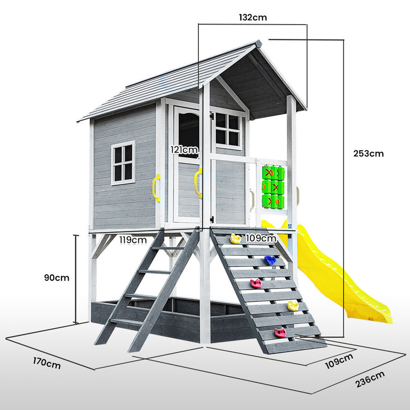 Kids Decorated Timber Cubby House Tower with Slide, Sandpit, Climbing Wall + Noughts & Crosses