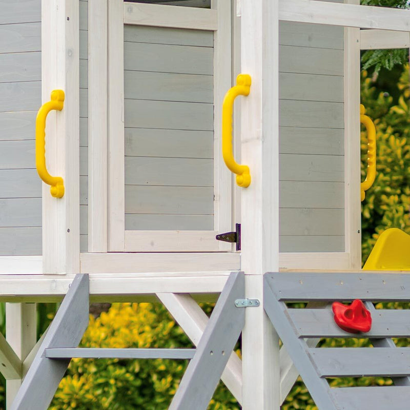 Kids Decorated Timber Cubby House Tower with Slide, Sandpit, Climbing Wall + Noughts & Crosses