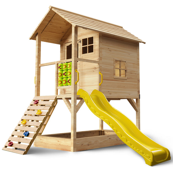 Kids Timber Cubby House Tower with Slide, Sandpit, Climbing Wall + Noughts & Crosses