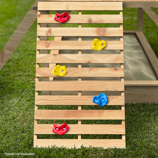 Kids Timber Cubby House Tower with Slide, Sandpit, Climbing Wall + Noughts & Crosses