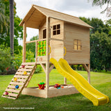 Kids Timber Cubby House Tower with Slide, Sandpit, Climbing Wall + Noughts & Crosses