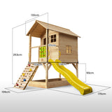 Kids Timber Cubby House Tower with Slide, Sandpit, Climbing Wall + Noughts & Crosses
