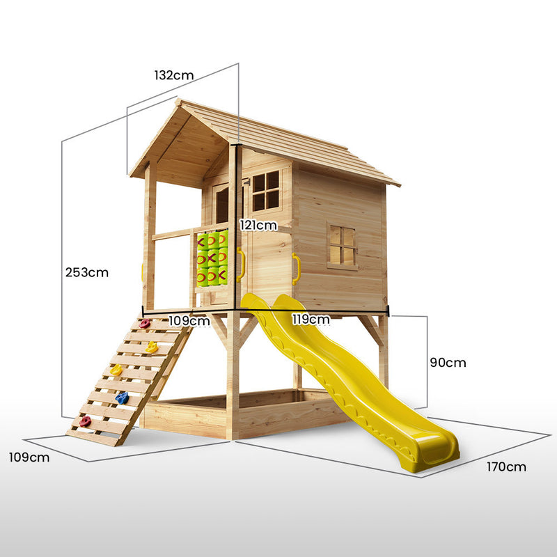 Kids Timber Cubby House Tower with Slide, Sandpit, Climbing Wall + Noughts & Crosses