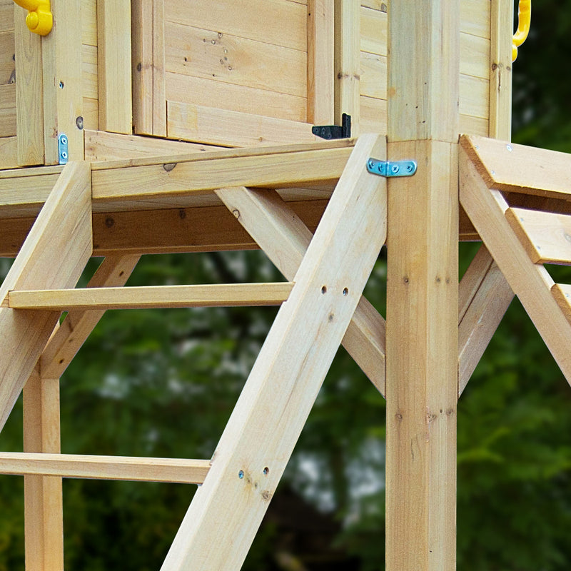 Kids Timber Cubby House Tower with Slide, Sandpit, Climbing Wall + Noughts & Crosses