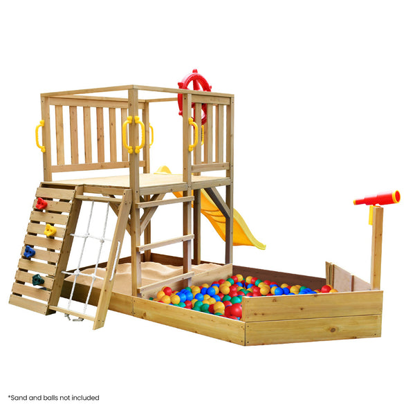 Kids Boat-Shaped Wooden Sand/Ball Pit Tower with Slide and Climbing Wall
